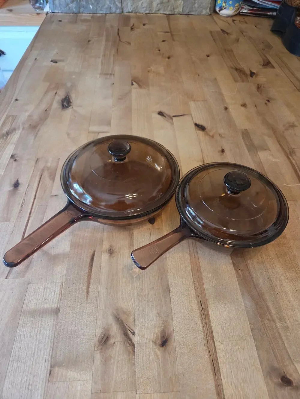 Vintage Corning Visions Amber Glass Cookware Set - 2 Pots/Pans with Lids  EUC